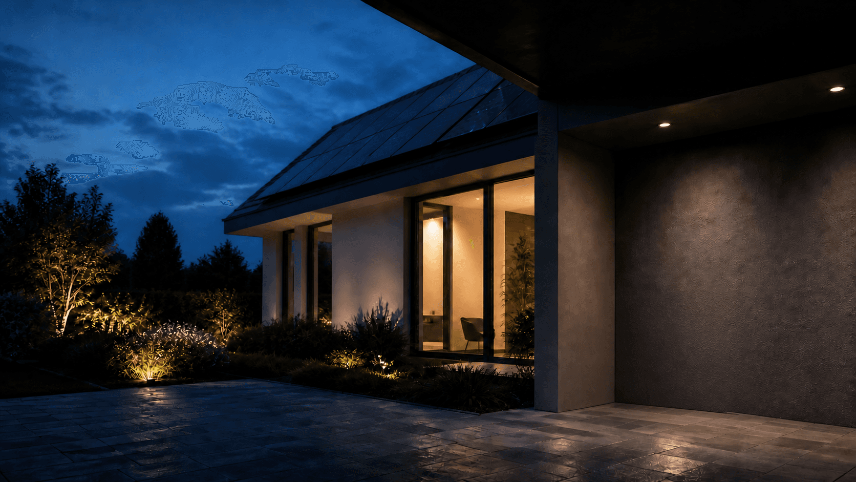Modern home with photovoltaics in the evening light