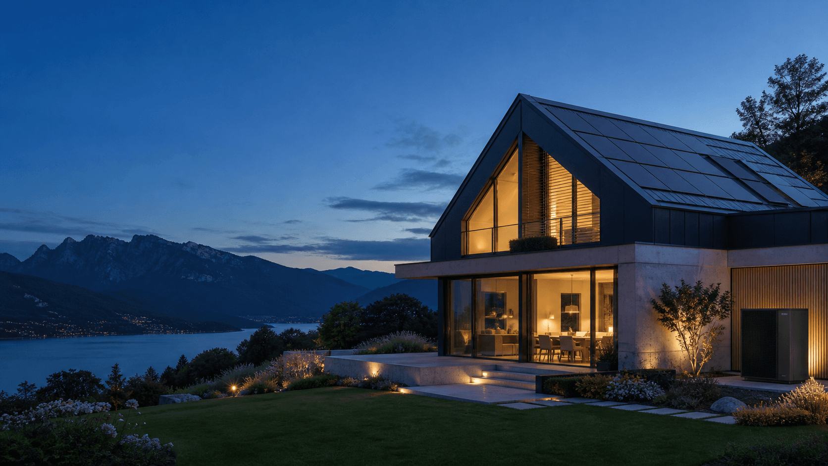 Home with photovoltaics and a heat pump at blue hour